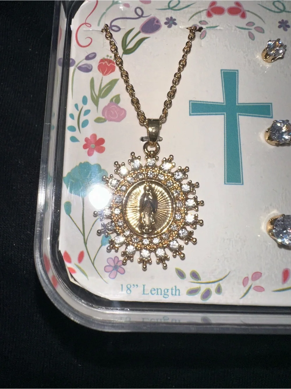 Sunburst Praying Hands Pendant Necklace & CZ Stud Set — Gold Tone, 18